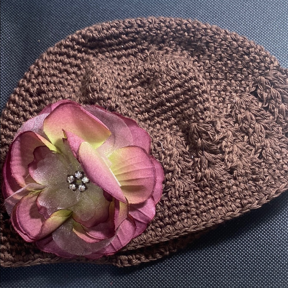 Infant Brown Crochet Beanie with Pink Flower